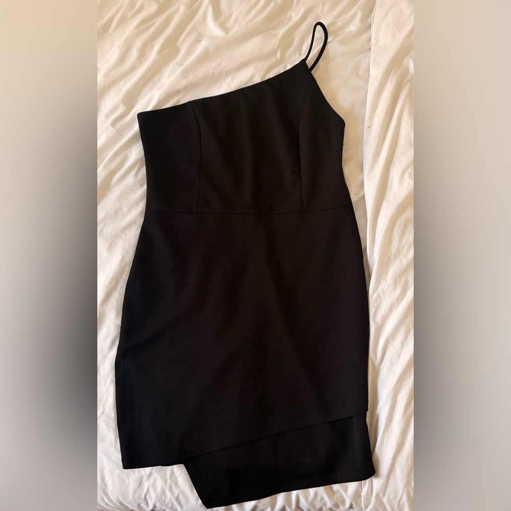 Blue Blush One-Shoulder Black Mini Dress